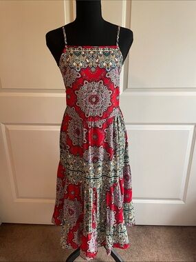 Bog Collective Spaghetti-Strap Midi Dress with Red Boho Medallion Print